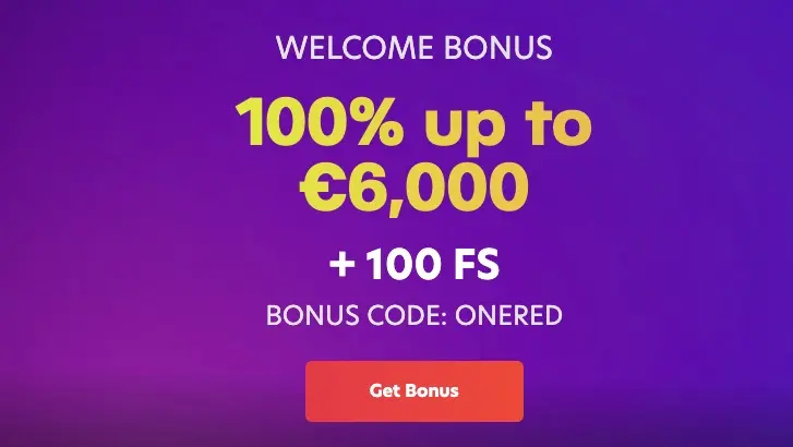 1Red Casino Welcome Bonus 100% up to €6,000 + 100 Free Spins