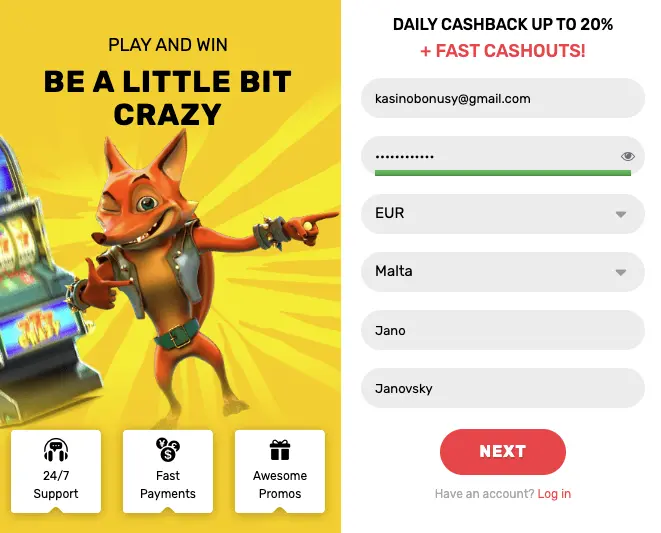 The Crazy Fox Casino registration process begins with providing some personal information.