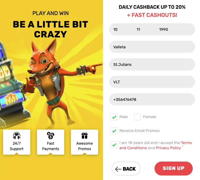 The last step to open a new account at Crazy Fox Casino
