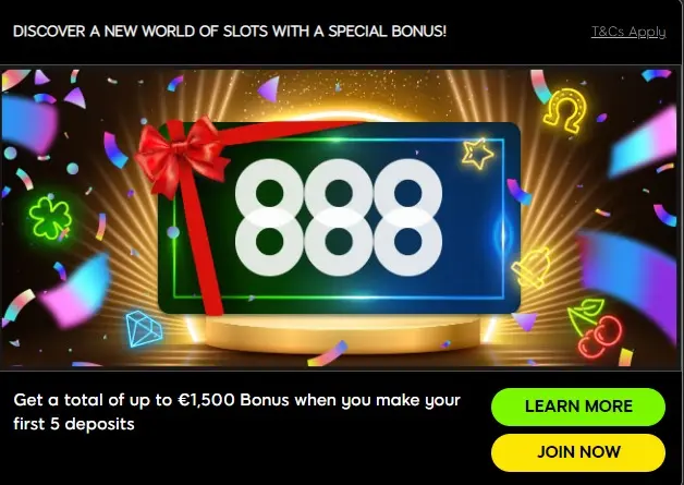 Get bonus up to 1500 EUR on 888 casino with firts 5 deposit