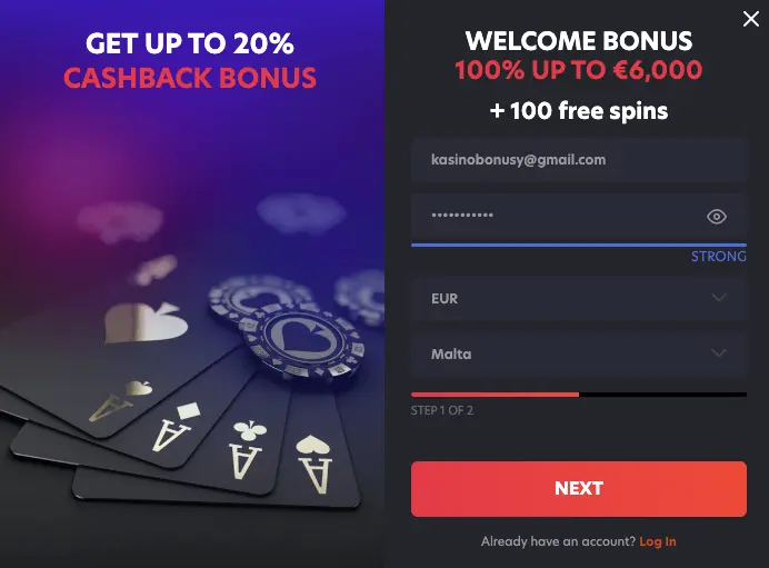1red Casino registration and the first step to create a 1Red Casino new playing account