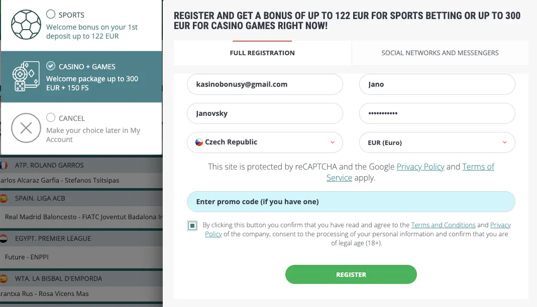 22bet Casino registration first form that has to be filled when making a new playing account.