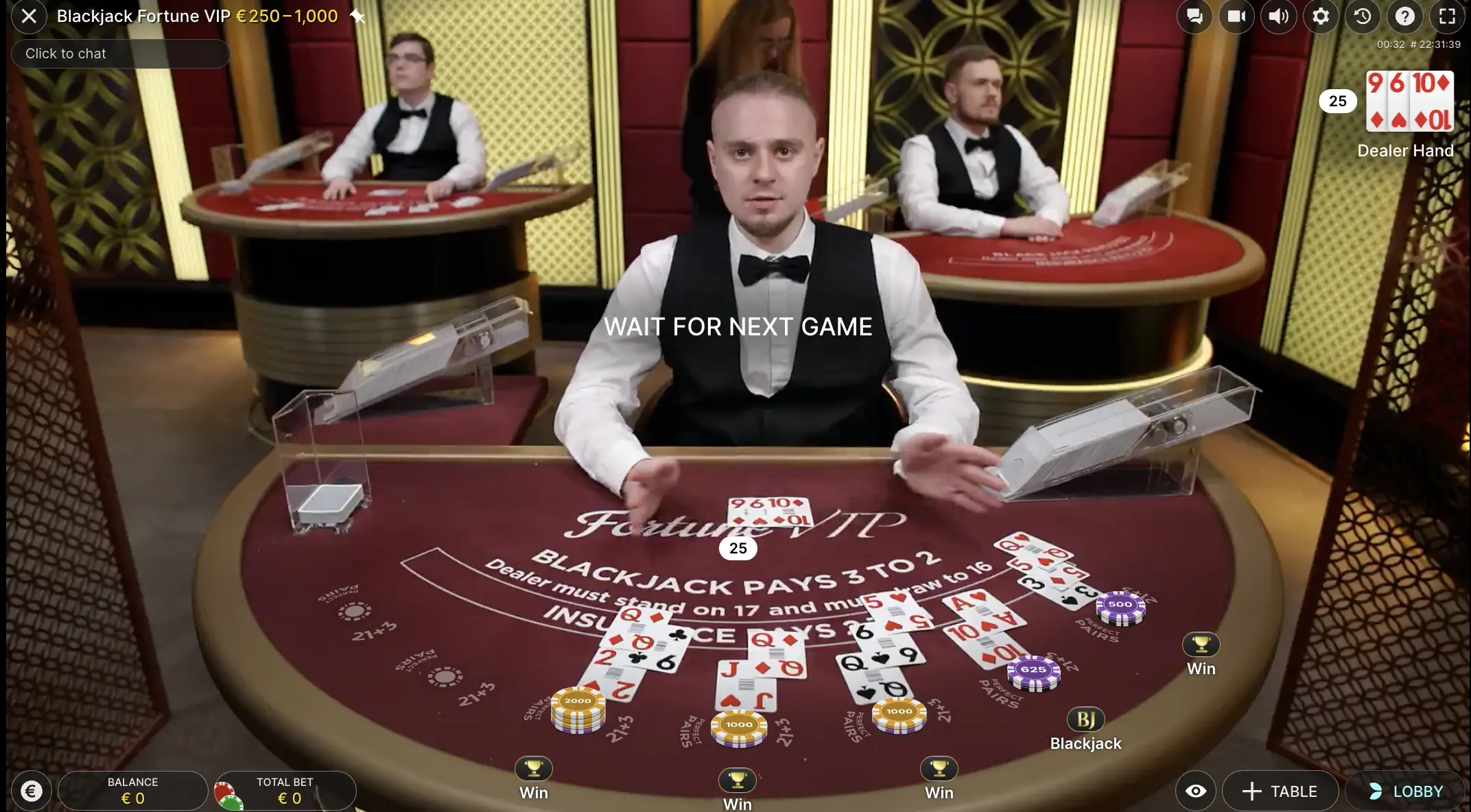 Online VIP Blackjack LIVE from Evolution Gaming casino provider.