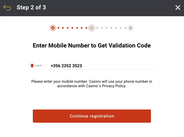 Second step registration enter your mobile number Wins Royal Casino 