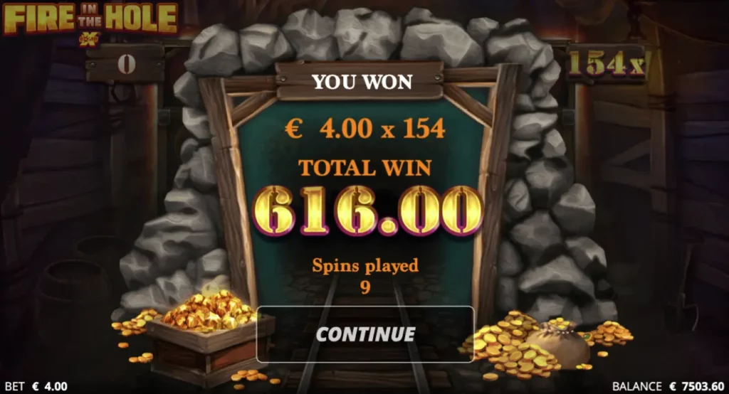 616 EUR win from free spins in Fire in the Hole slot machine.