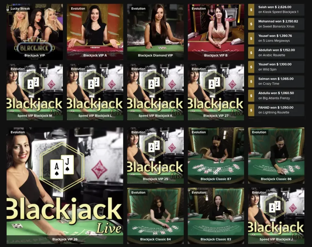 LIVE Blackjack lobby on VIP Arab Club Casino.