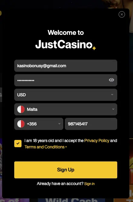 Just Casino Registration and the first step.