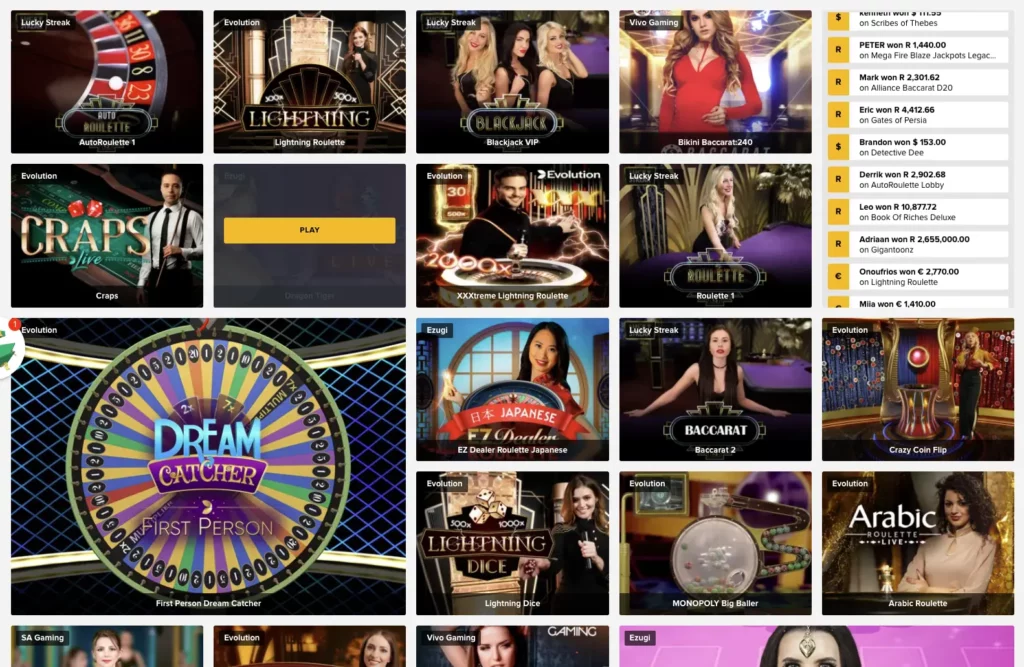LIVE Casino Games lobby on online casino Tusk.