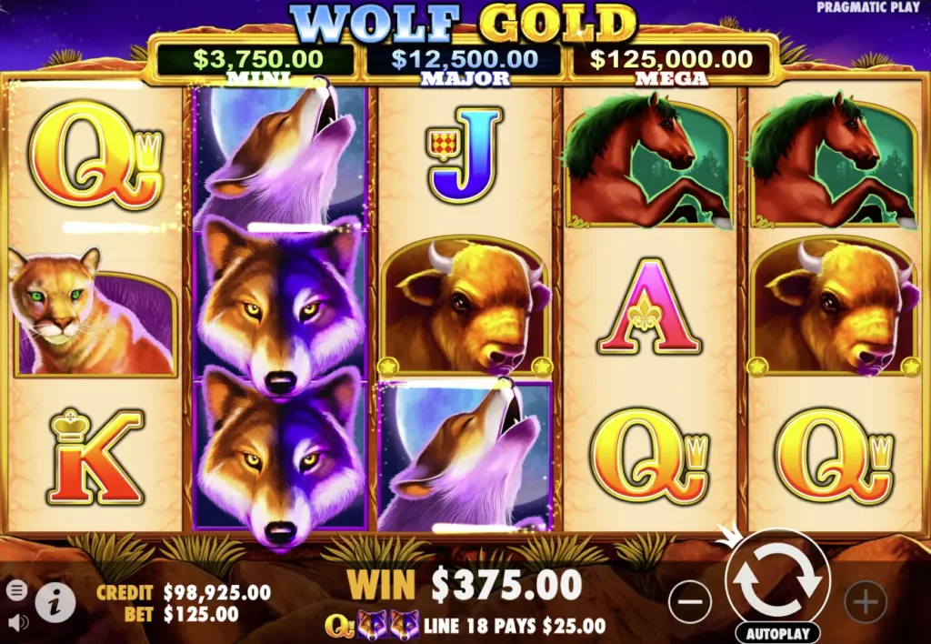 Stacked Wild Symbol on Wolf Gold slot making the paying line.