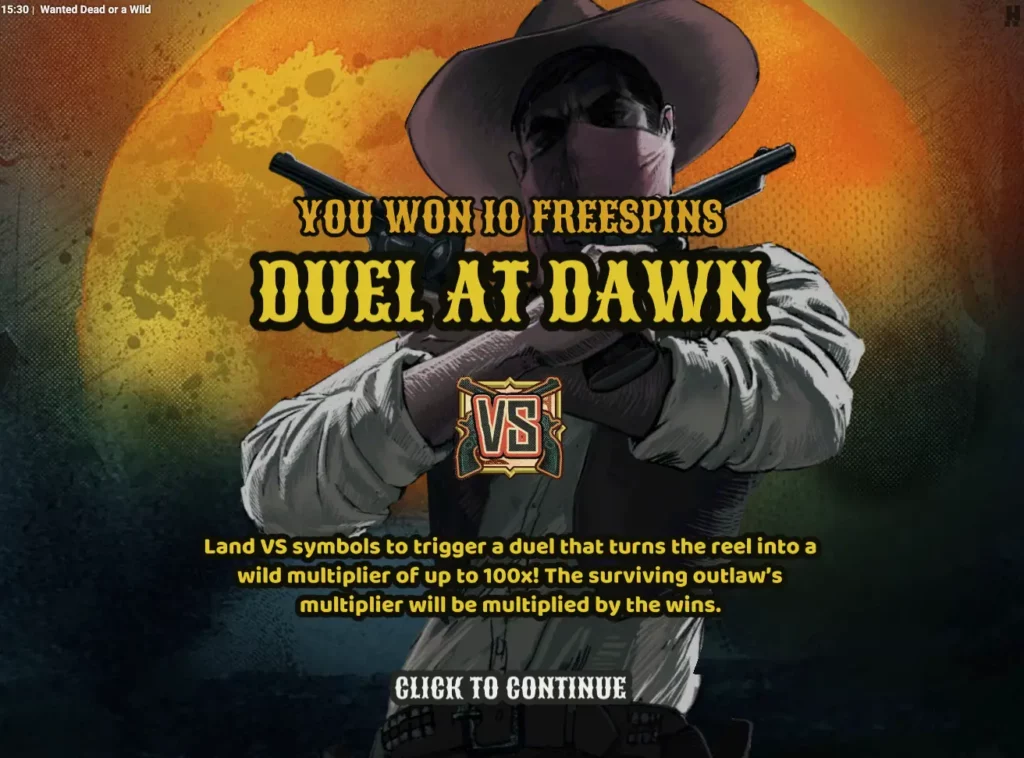 ماكينة القمار عبر الإنترنت Wanted Dead or Wild واربح 10 دورات مجانية مع ميزة المكافأة Duel at Down.