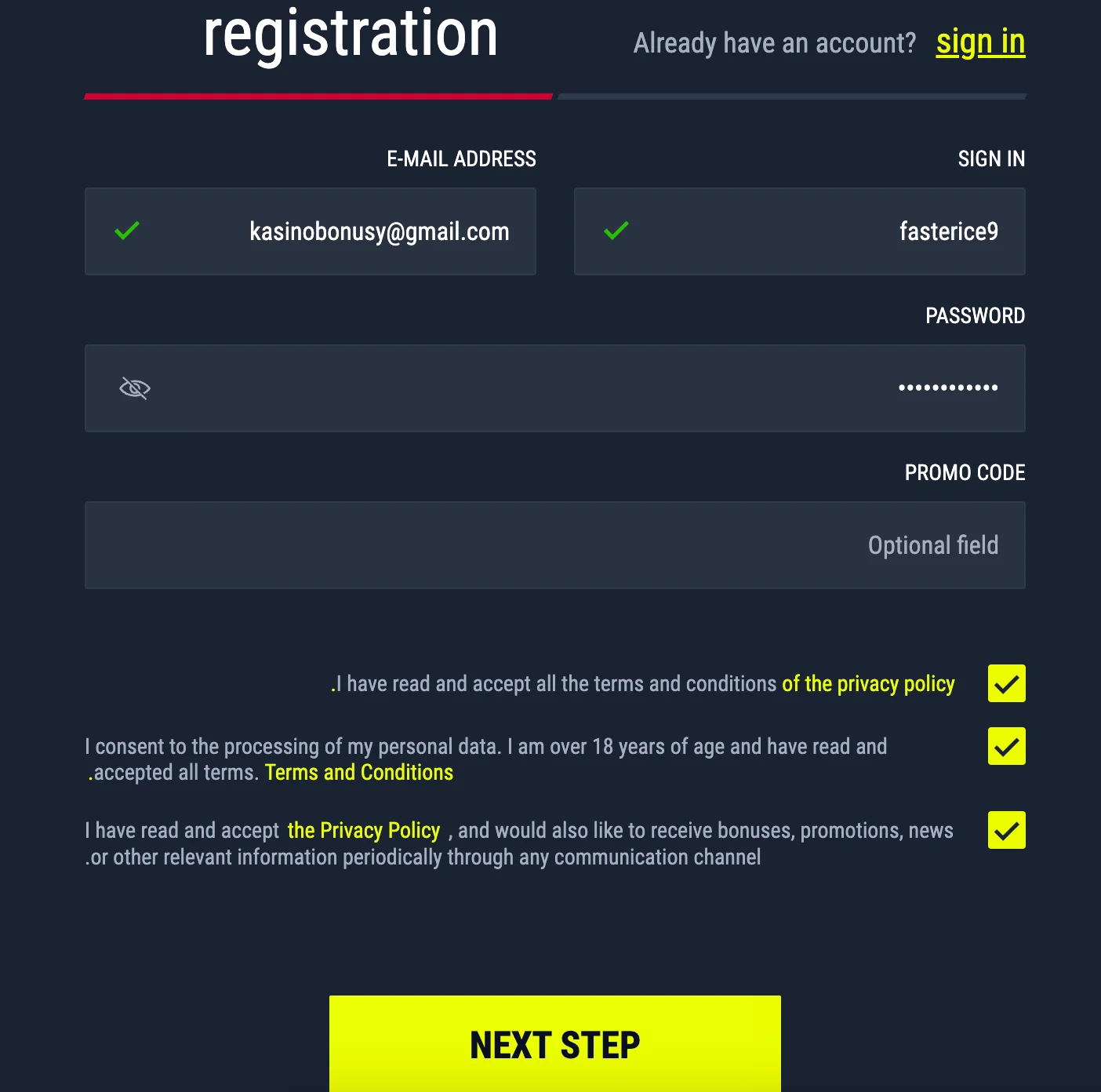 First step in process Rabona Casino registration.