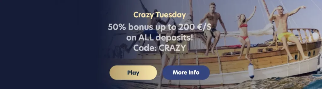 Lucky Dreams Casino Crazy Tuesday 50% Bonus up to $200.