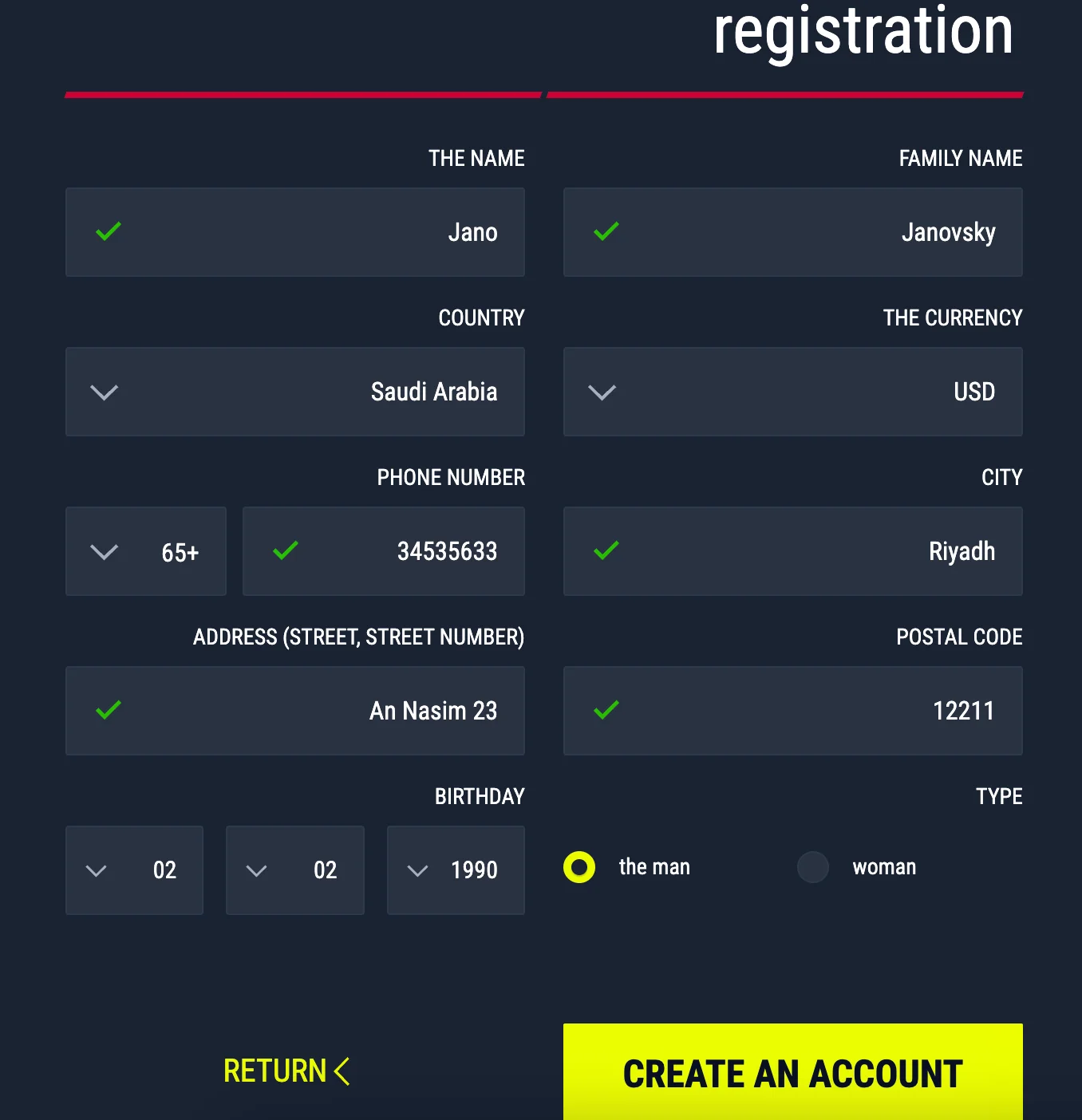 Second step registering new playing account on Rabona Casino.