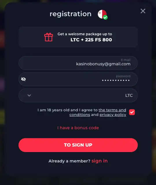 YOJU Casino first step in registration process.