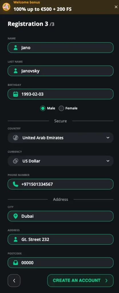 الخطوة الاخيرة في عملية التسجيل في كازينو ExciteWin عند انشاء حساب لعب جديد.
