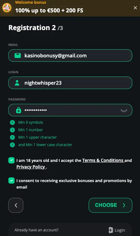 الخطوة الثانية في عملية التسجيل في كازينو ExciteWin.