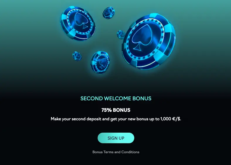 Second Welcome Bonus 75% Bonus up to 1,000 €/$.