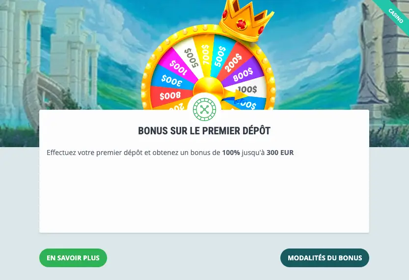 Bonus de premier dépôt au Casino 22bet - 100 % jusqu'à 300 EUR/300 USD