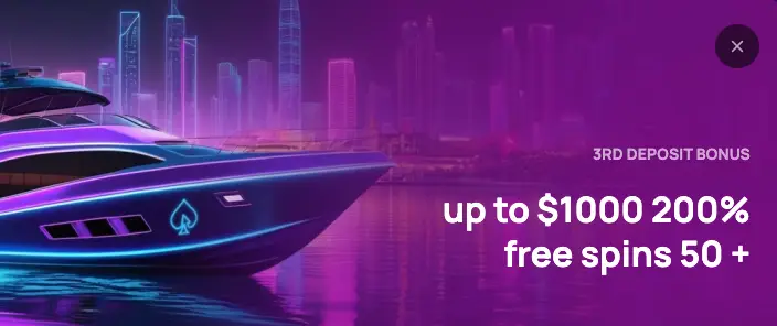 Bet and Play Casino Third Deposit Welcome Bonus: 200% up to $1000 + 50 Free Spins