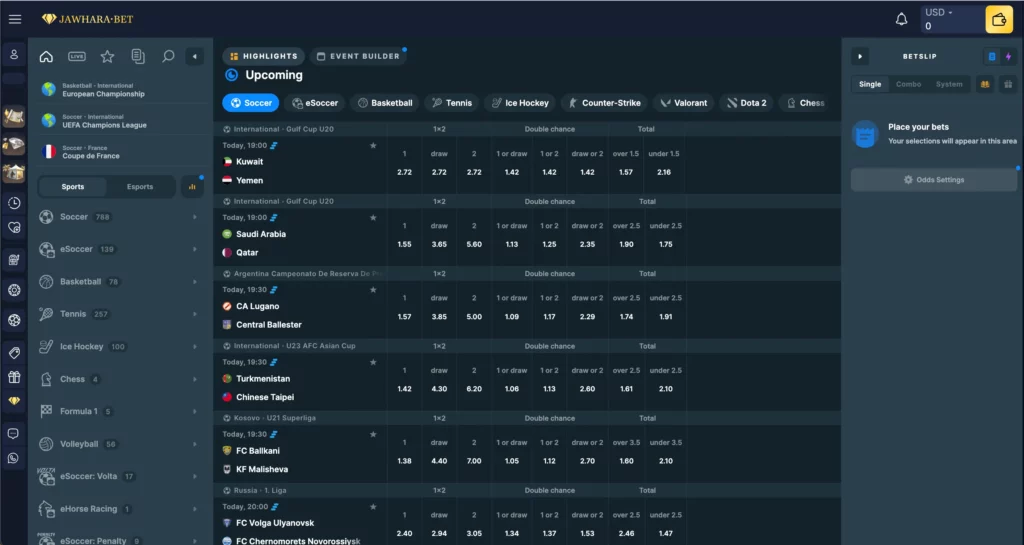 Screenshot of upcoming sports betting events and live betting features at JawharaBet Casino.